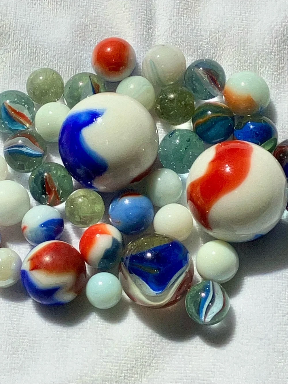 Vintage 34 pc collection glass red white blue marbles